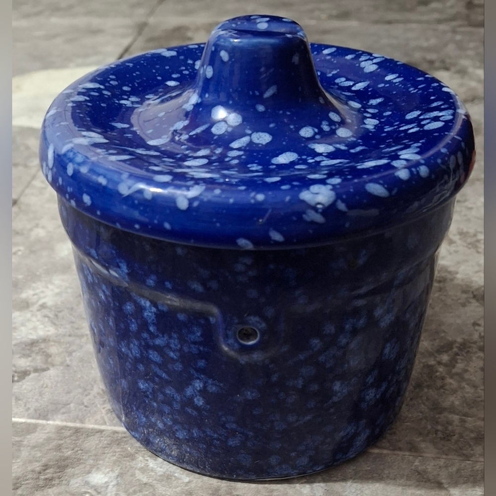 Cobalt blue Crock Stoneware Speckled Lidded Blue Pottery Sold as is. see Pics.